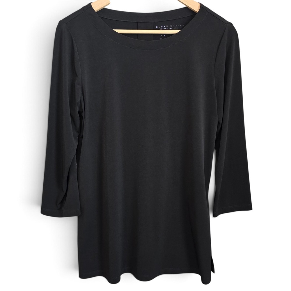 Susan Graver Top Womens Medium Black Liquid Knit Scoop Neck Blouse 3/4 Sleeve